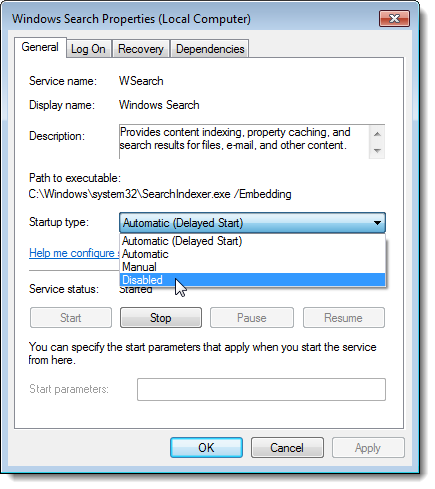 Disable the "Startup type" in your Windows Search Properties to speed up your PC
