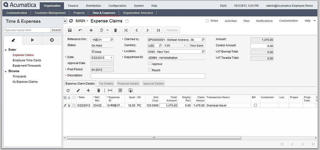 Expense Claim Reporting for Acumatica Cloud ERP's Financial Management Module