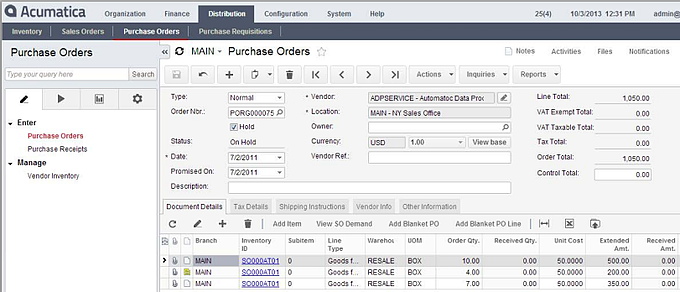Purchase Order Module for Acumatica Cloud ERP's Distribution Management Suite